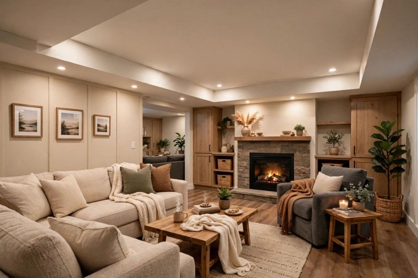 hiding ductwork: a boxed soffit styled as a ceiling beam