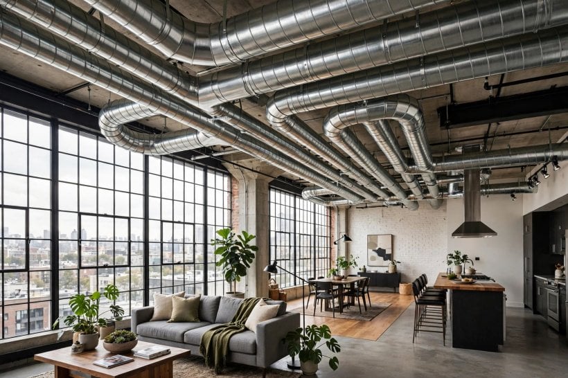 hiding ductwork: shelving built beneath a low duct run
