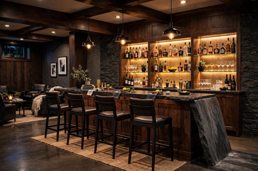 bar top: a warm butcher block timber counter in a cottage-style home bar