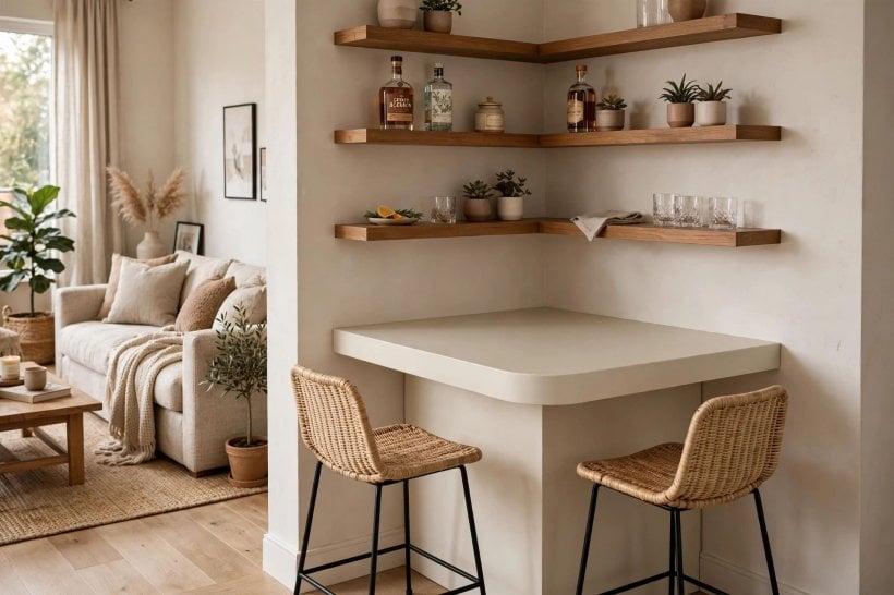 bar top: floating shelves and glassware storage behind the counter