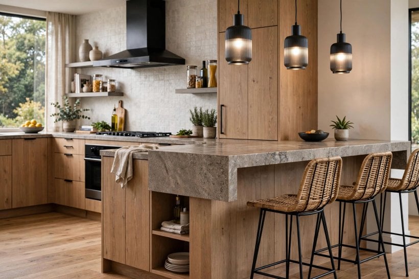 bar top: an L-shaped home bar layout with stools along the counter