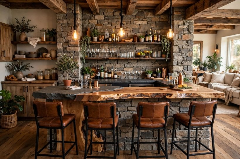 bar top: comfortable stools and a brass foot rail along the counter