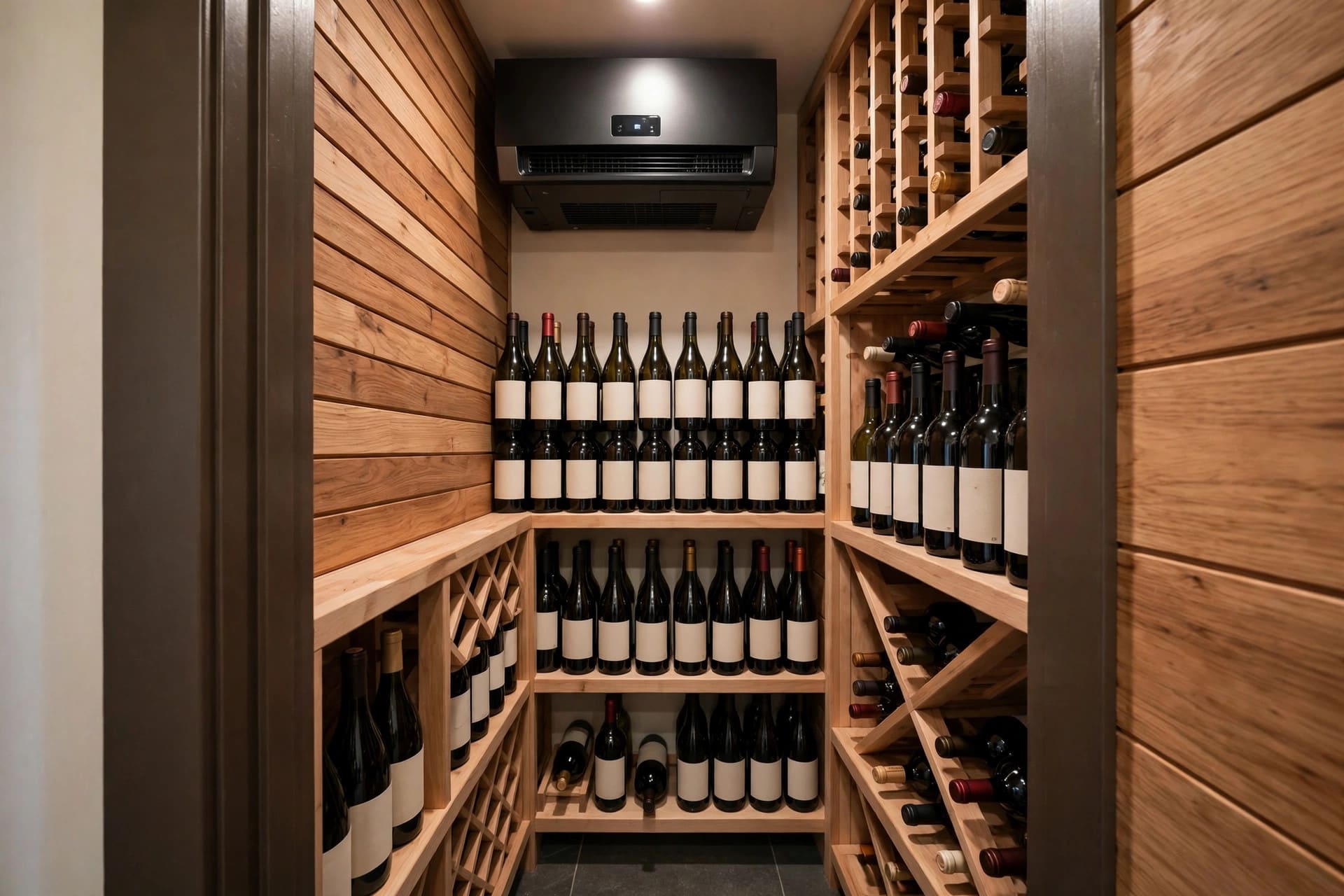 home wine cellar ideas: soft strip lighting along display shelves