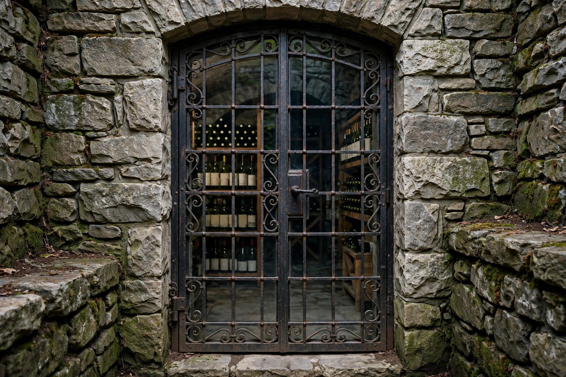 home wine cellar ideas: glass door with a dark frame showing the cellar