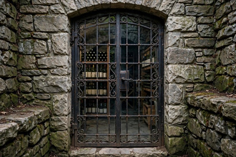 home wine cellar ideas: glass door with a dark frame showing the cellar