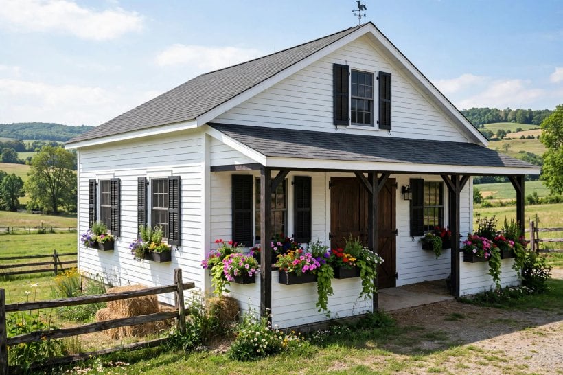pictures of horse barns: stable doors and windows along a timber front