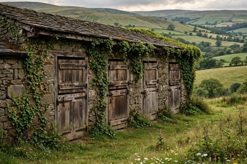 pictures of horse barns: organised tack and feed room with timber fittings