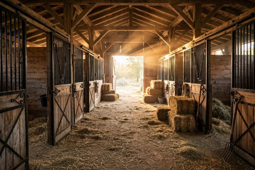 pictures of horse barns: fenced yard and paddock beside the barn