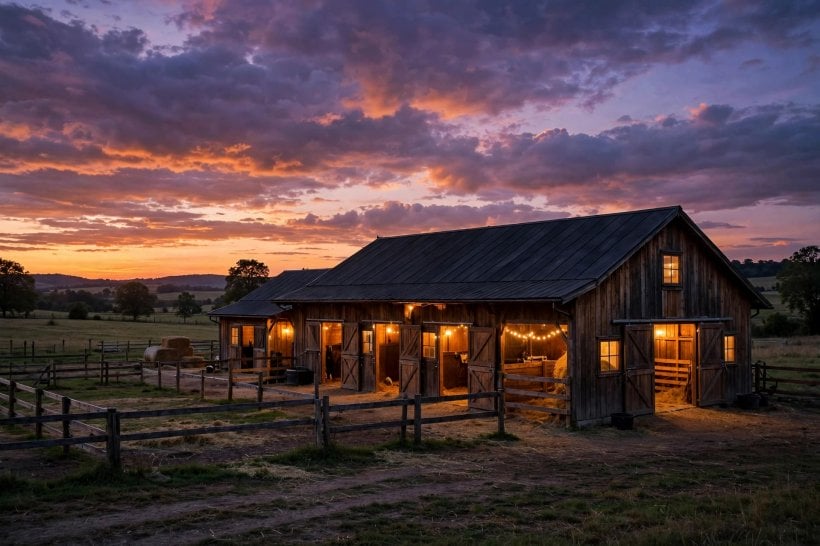 pictures of horse barns: rubber matting and drainage in a clean stall