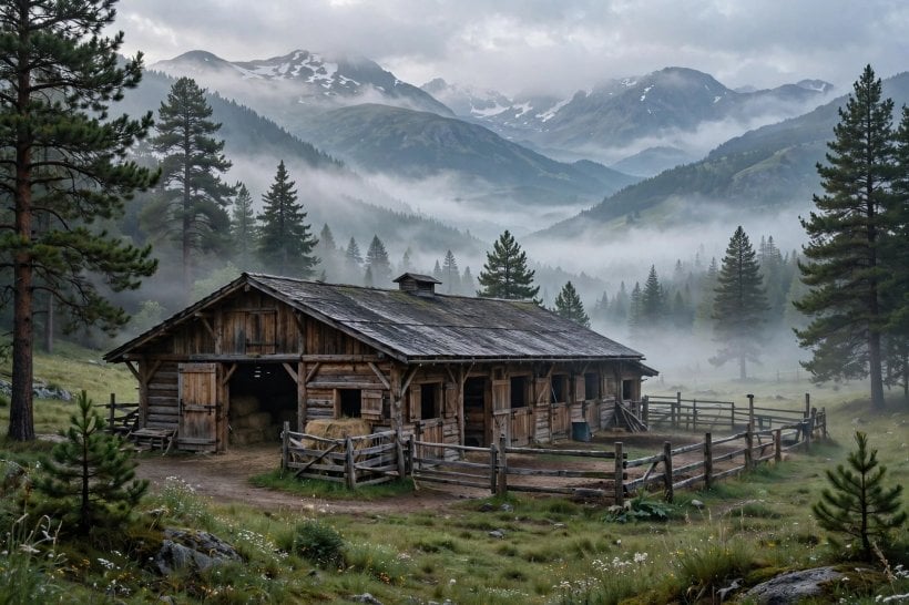 pictures of horse barns: painted barn front with planters and a tidy yard