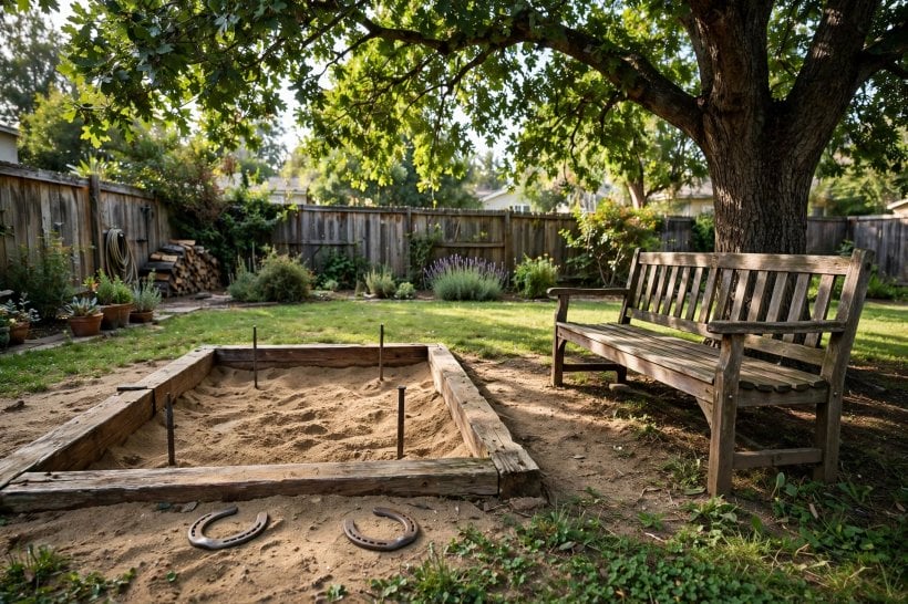 custom horseshoe pits: clay surface with a low backboard