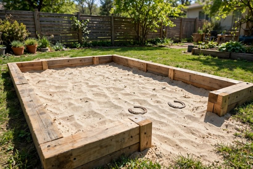 custom horseshoe pits: gravel surround with paver landing pads
