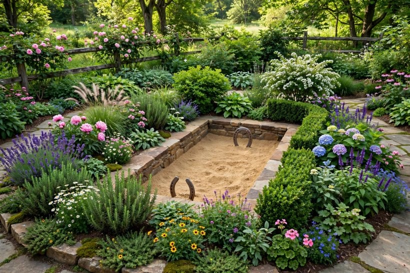 custom horseshoe pits: bench seating and shade beside the court
