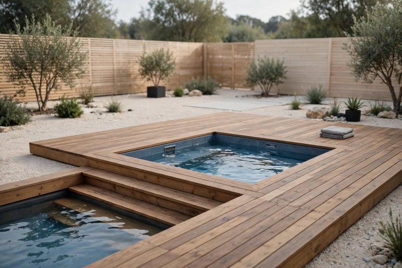 deck designs with hot tub: sunken tub sitting flush with deck boards