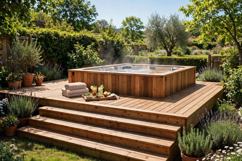 deck designs with hot tub: privacy screen planting around a spa deck