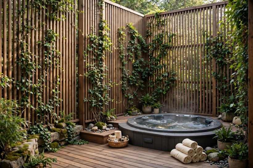 deck designs with hot tub: calm spa styling with towels and lanterns