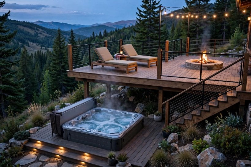deck designs with hot tub: lounge chairs beside a deck hot tub