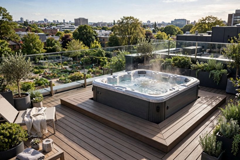 deck designs with hot tub: compact deck with a small soaking tub