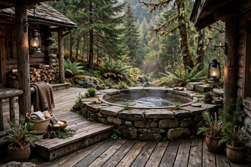 deck designs with hot tub: evening soak with warm deck lighting