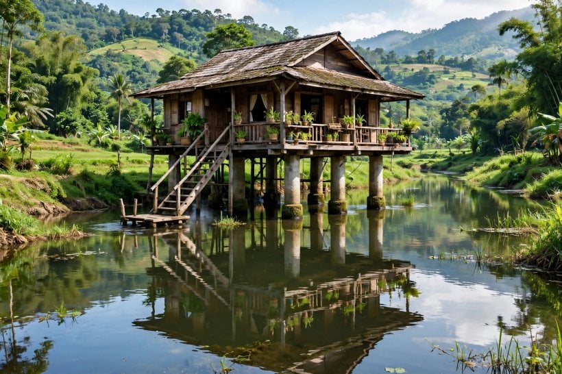 house on stilts: wooden pilings and shaded space below