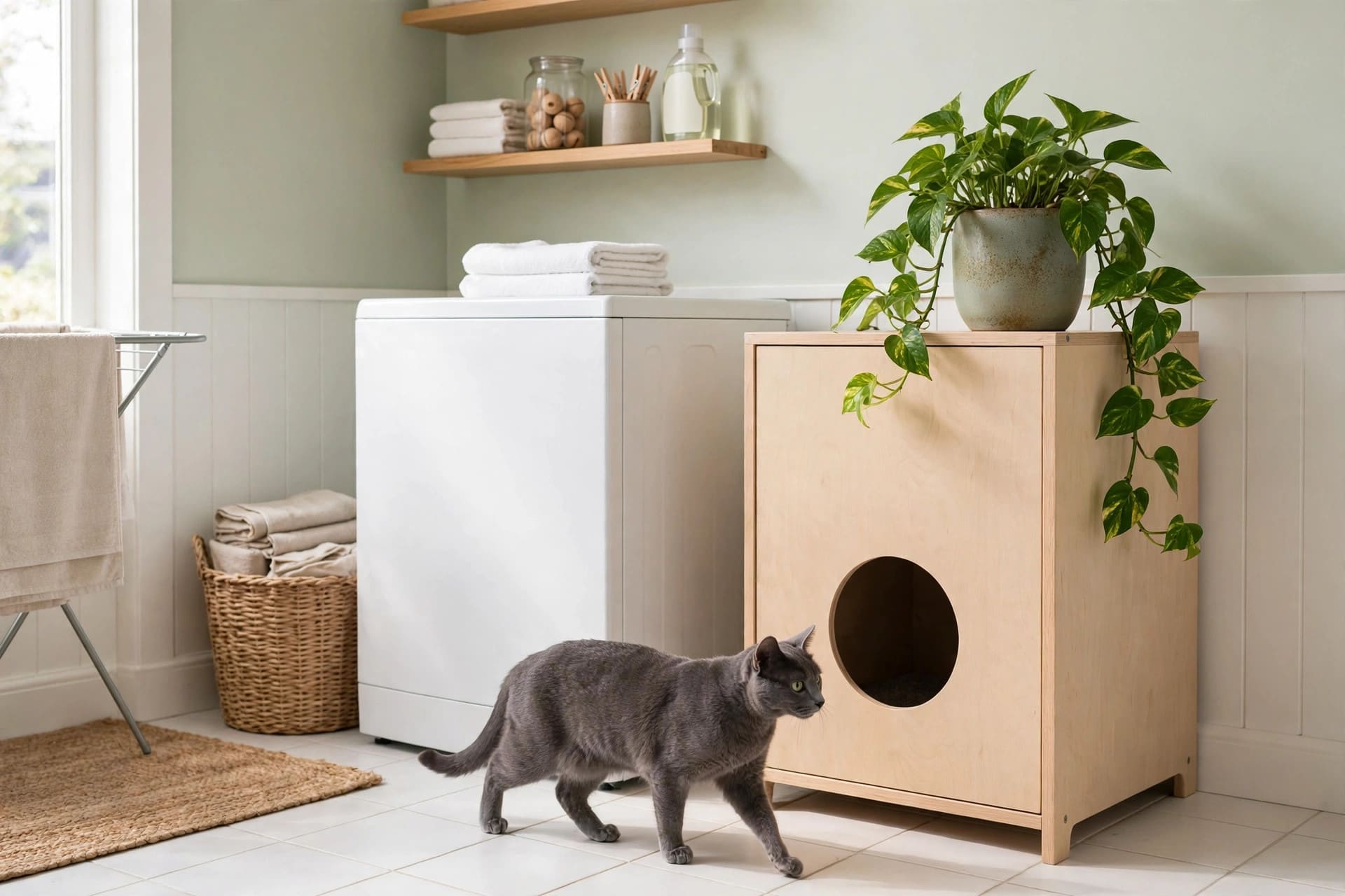 housepets forum: tidy litter and washing area with storage for pet cleaning supplies
