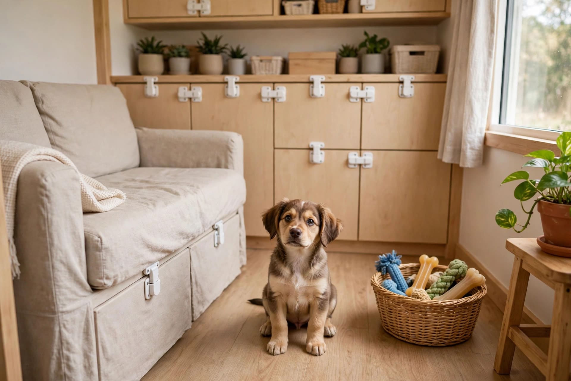 housepets forum: pet-proofed room with covered cables, latched cupboards and a safety gate