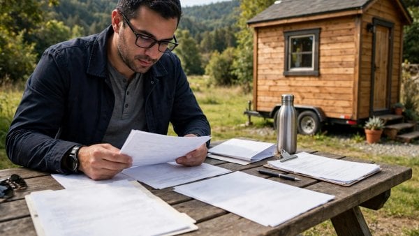 buyer reviewing tiny house loan paperwork beside a small wooden house