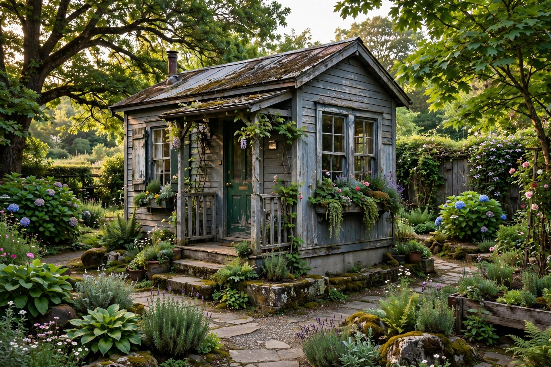 well-kept older tiny house on a foundation with mature planting around it