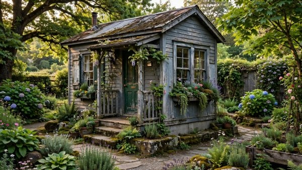 well-kept older tiny house on a foundation with mature planting around it