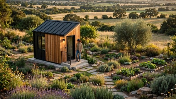 small modern tiny house on a foundation in a garden with a person standing beside the front door for scale