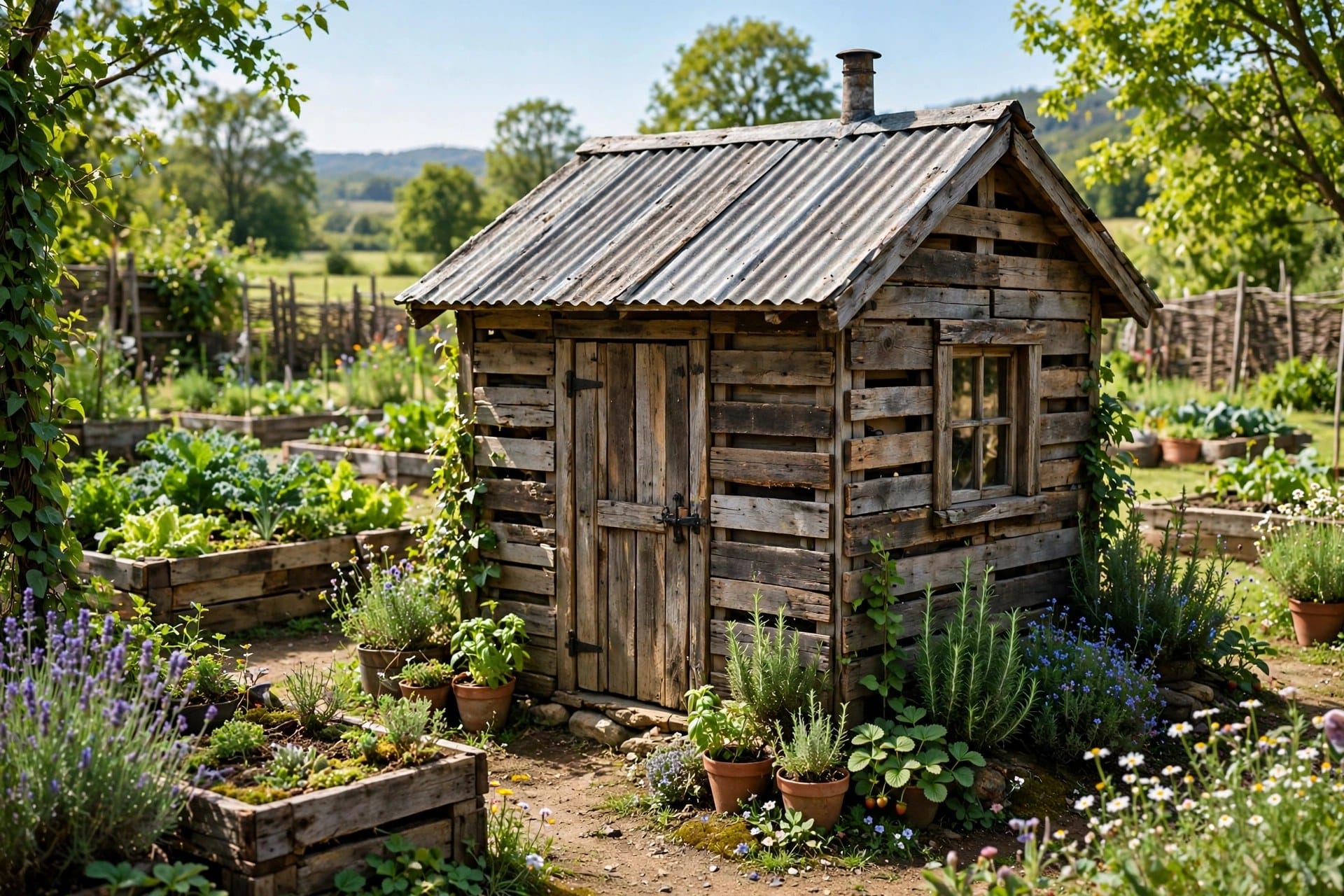 small cabin built from reclaimed pallet wood with a corrugated metal roof in a sunny garden