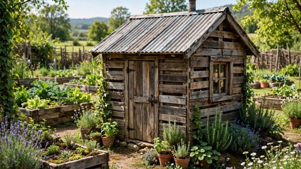 small cabin built from reclaimed pallet wood with a corrugated metal roof in a sunny garden