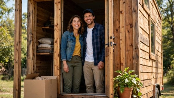 new owners standing in the doorway of their just-bought tiny house on moving-in day