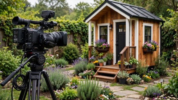 television camera on a tripod filming a photogenic tiny house in a garden