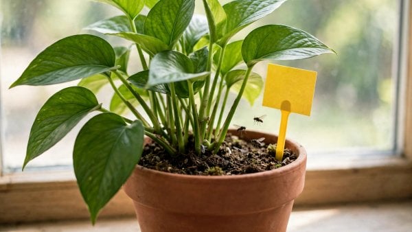 Potted houseplant with a yellow sticky trap and tiny flies hovering over the soil