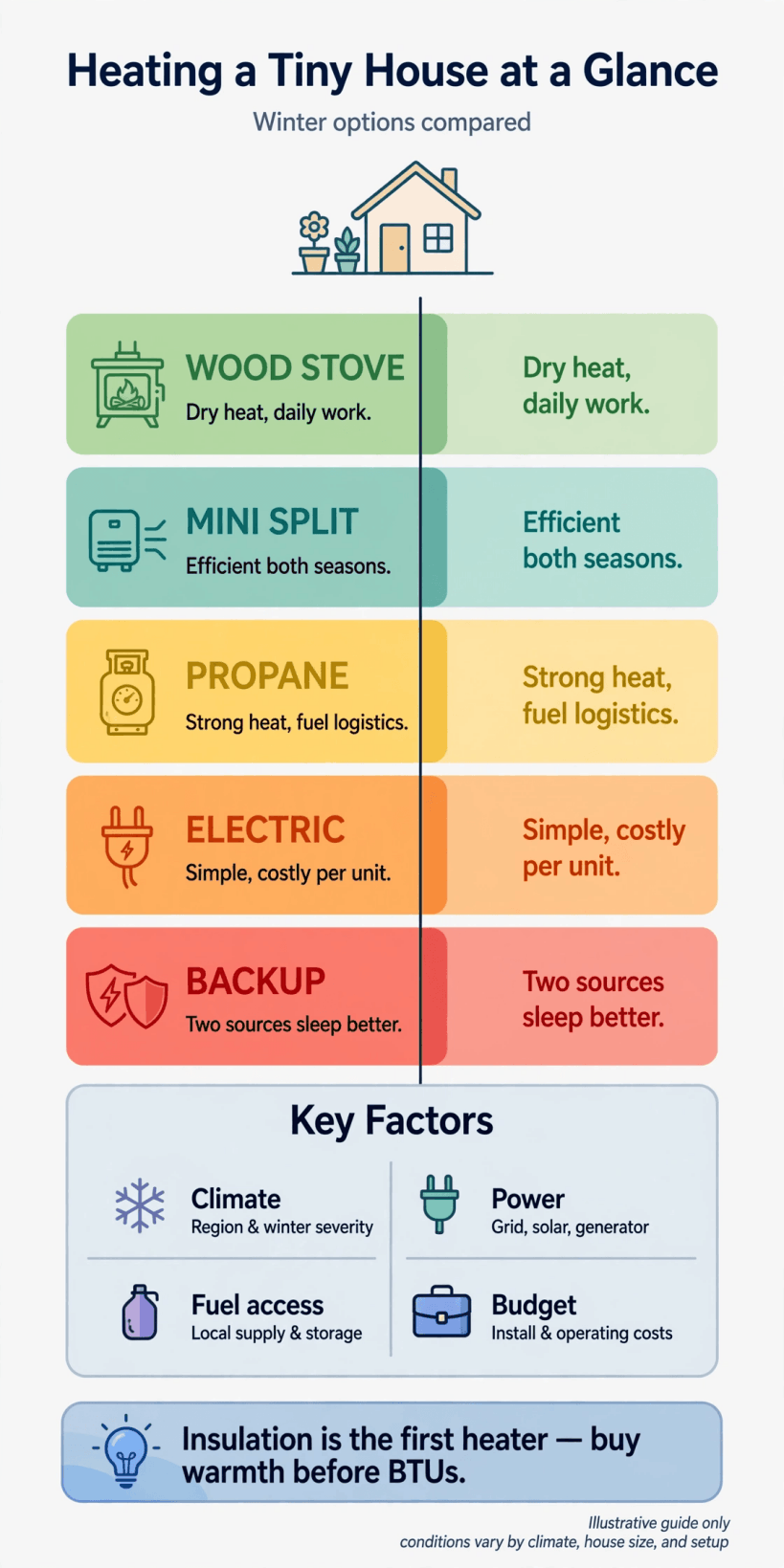 how to heat tiny house winter infographic
