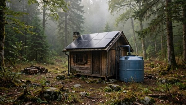 off-grid tiny cabin with rooftop solar panels and a rainwater tank in a forest clearing