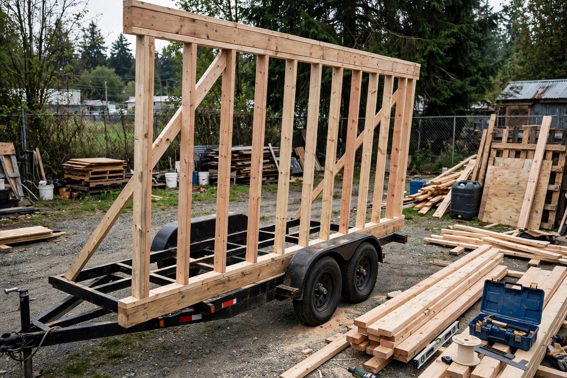 timber wall framing being raised on a tiny house trailer during construction