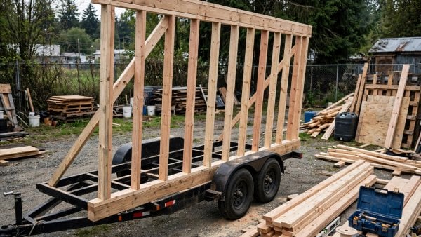 timber wall framing being raised on a tiny house trailer during construction