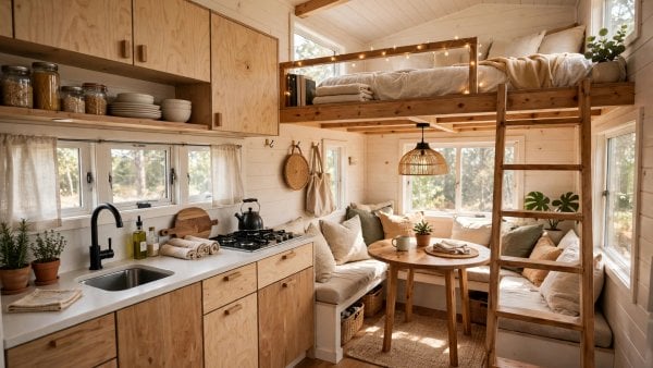 bright tiny house interior with compact kitchen, dining nook and sleeping loft in one view