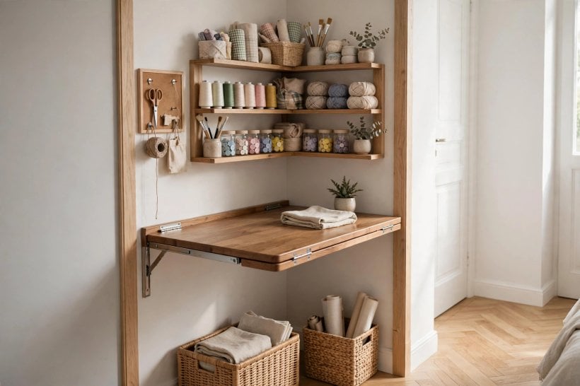 ideas for craft room: bright room layout with a central work table