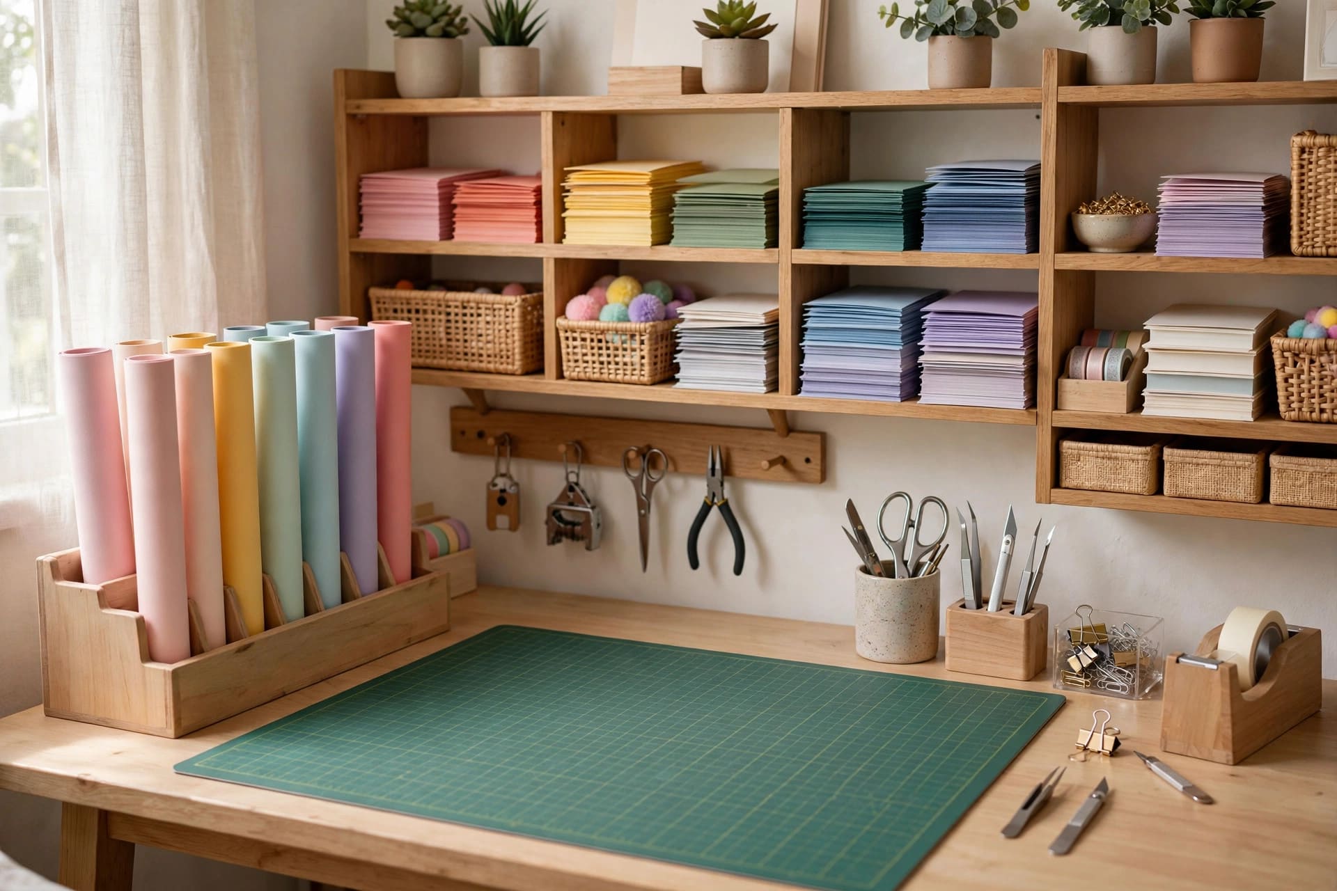 ideas for craft room: paper and fabric stored in open cubbies