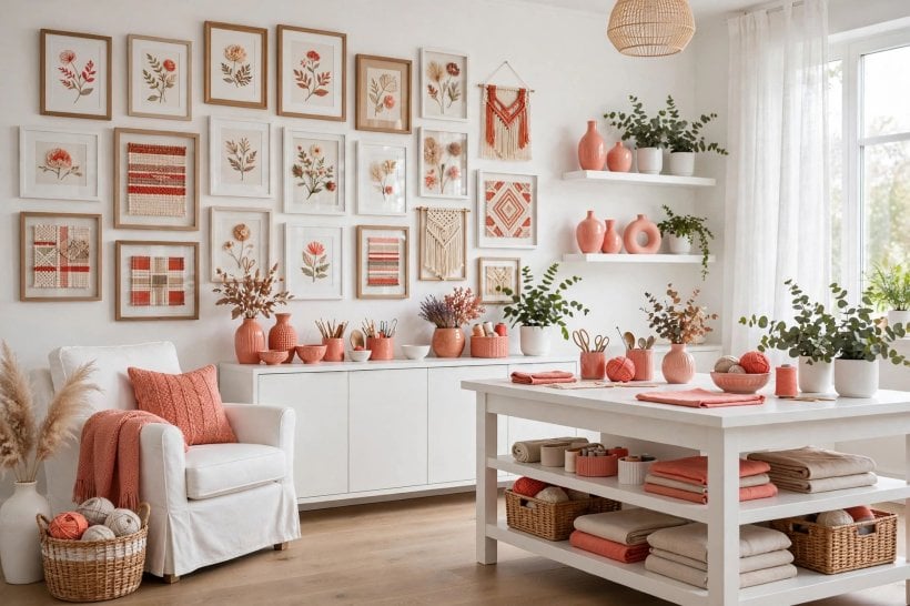 ideas for craft room: finished corner with a comfy chair and display shelves
