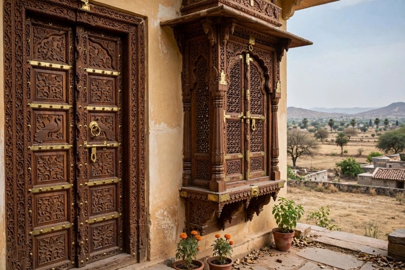 indian houses: sunlit central courtyard with a tulsi planter, stone flooring and rooms opening onto a shaded veranda