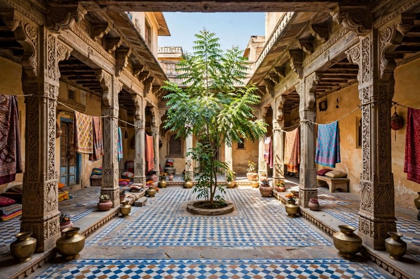 indian houses: colour-washed walls in deep indigo and turmeric with a rose-pink carved doorway