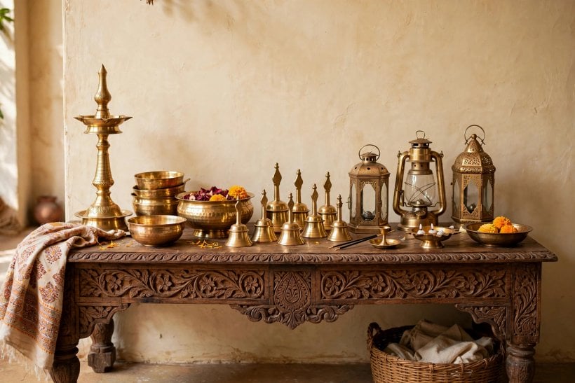 indian houses: brass lamps and lanterns on a carved wooden table