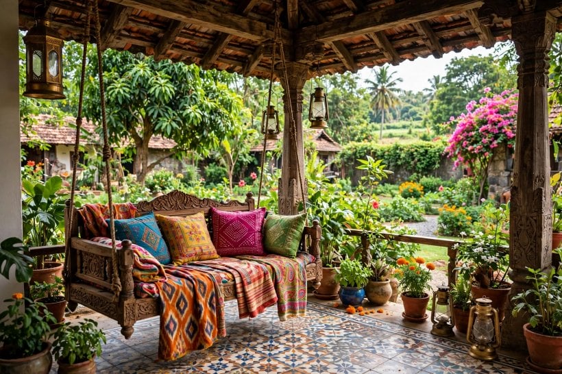 indian houses: block-printed cotton bedcover and handloom cushions in indigo and madder on a carved wooden bed