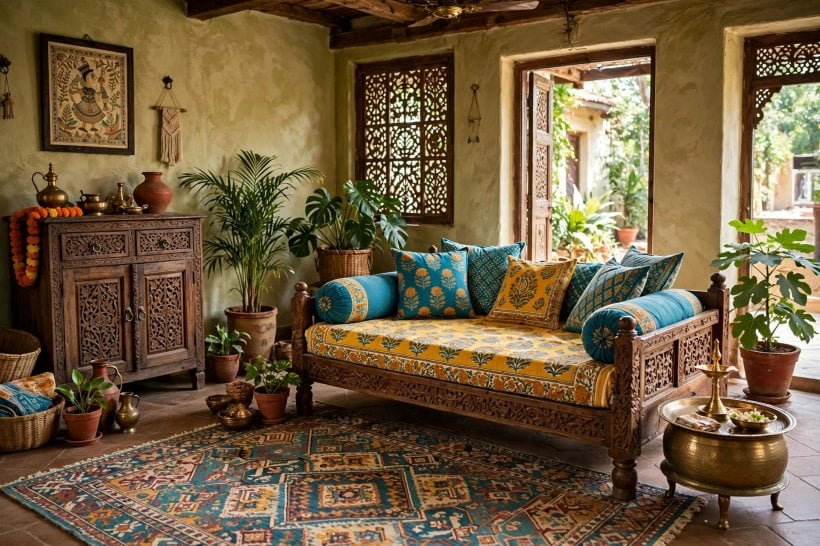 indian houses: terracotta pots, clay lamps and a perforated jaali screen casting patterned light