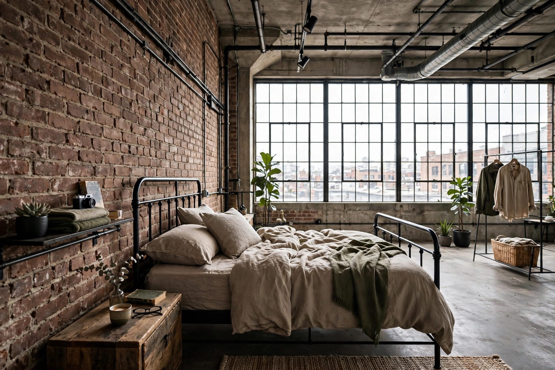 industrial bedroom: exposed brick wall with a black metal bed frame