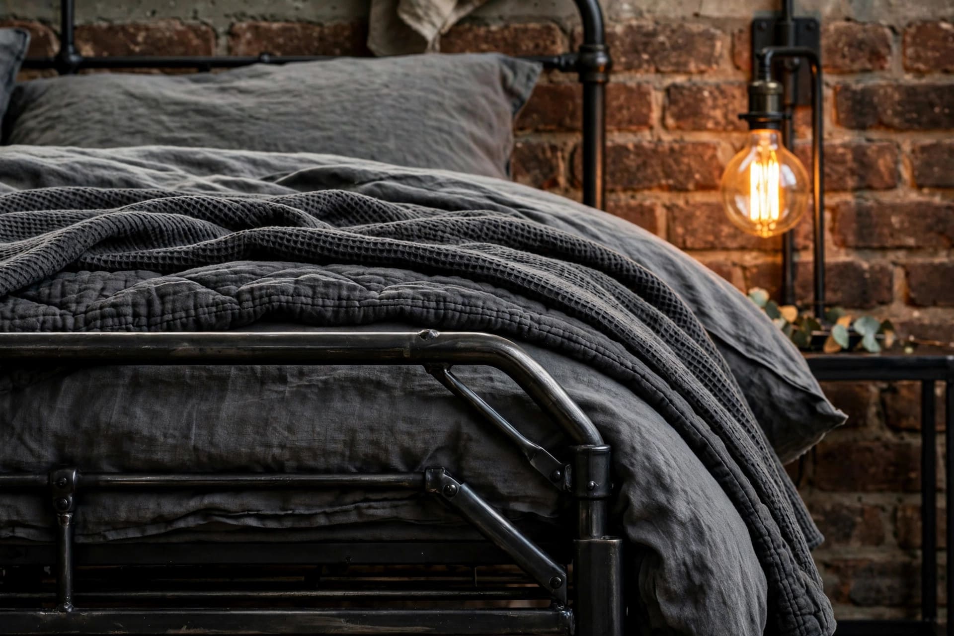 industrial bedroom: leather and linen layers with warm wood tones